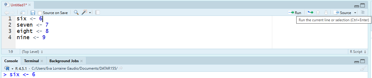 Figure 2. The Run button sends the current line from the Script Editor to the Console.
