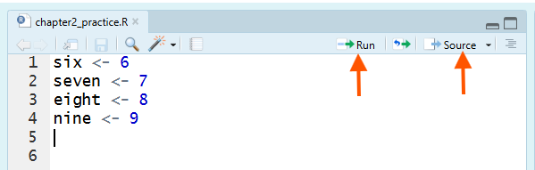 Figure 4. The Run and Source buttons in the RStudio Script Editor.