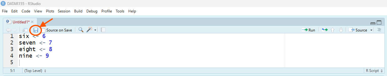 Figure 5. The Save icon in the RStudio Script Editor is circled.