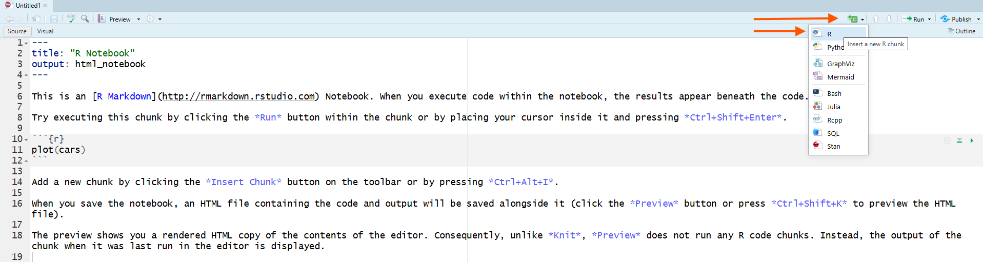 R Notebook Toolbar with Insert Chunk Button Highlighted