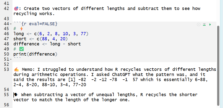 R Notebook chunk subtracting vectors of different lengths, output showing the recycled subtraction results, and a memo explaining that R repeats the shorter vector to match the longer one (with the AI tool credited).