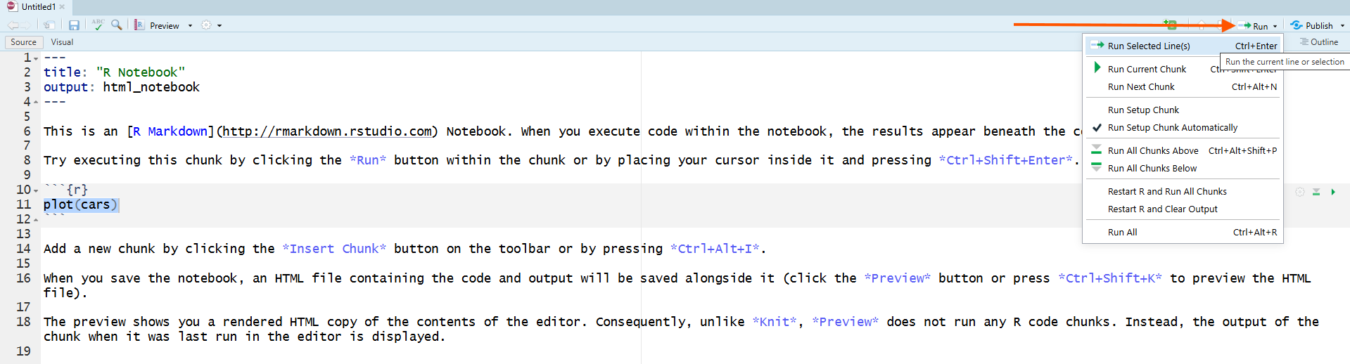 R Notebook Code Chunk with Run Button Highlighted